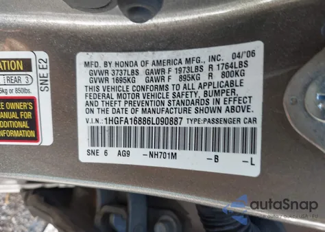2006 Honda Civic Ex from USA, damaged, VIN 1HGFA16886L090887